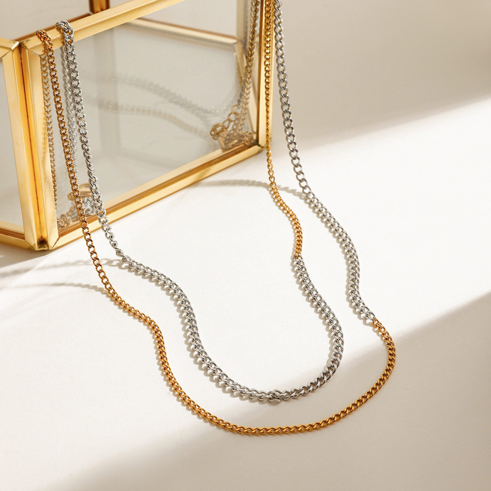 Collier Chaîne Minimaliste Double Couche Pour Femme, En Acier Inoxydable Étanche, Coloris Or Et Argent, À Porter Au Quotidien (1 Pièce) Image8