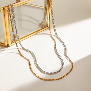 Collier Chaîne Minimaliste Double Couche Pour Femme, En Acier Inoxydable Étanche, Coloris Or Et Argent, À Porter Au Quotidien (1 Pièce) h5 Image8