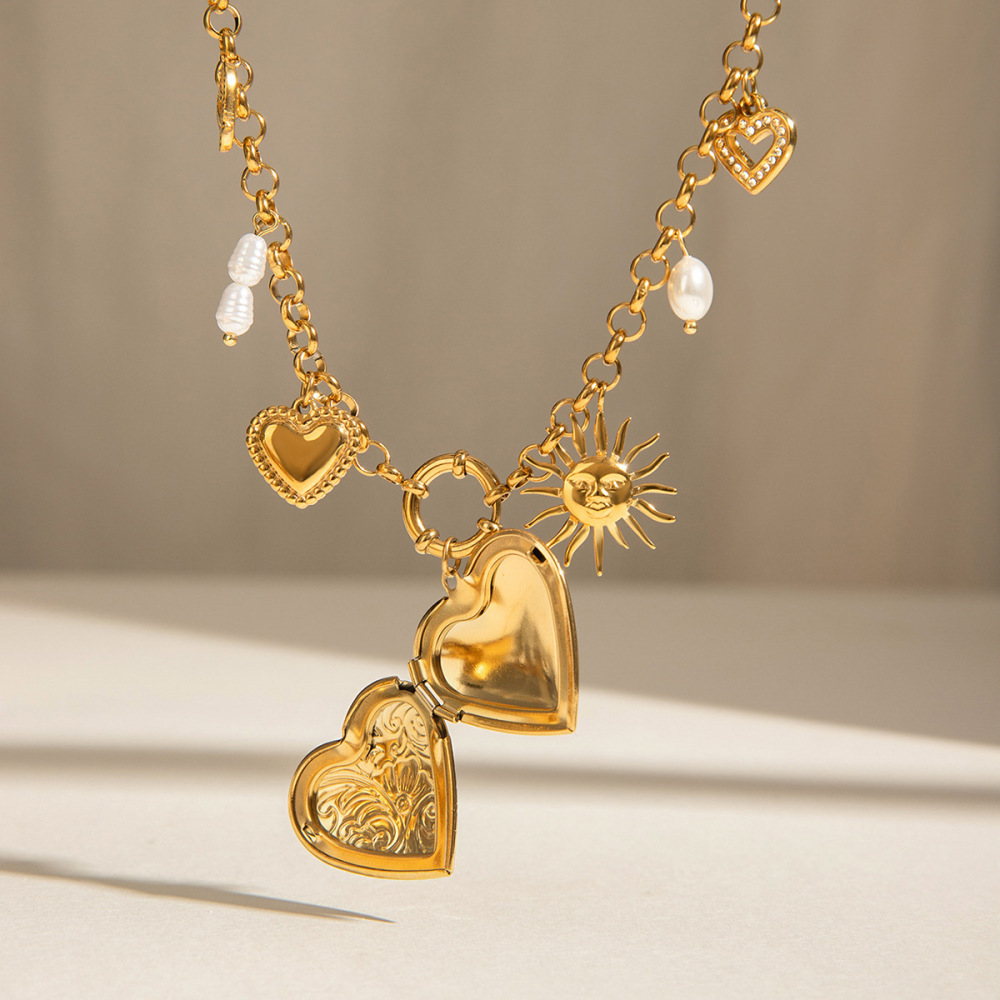 Collier Pendentif Romantique Chic En Forme De Cœur Et De Soleil, En Acier Inoxydable Étanche Couleur Or, À Faire Soi-Même Pour Femme (1 Pièce) h5Image4