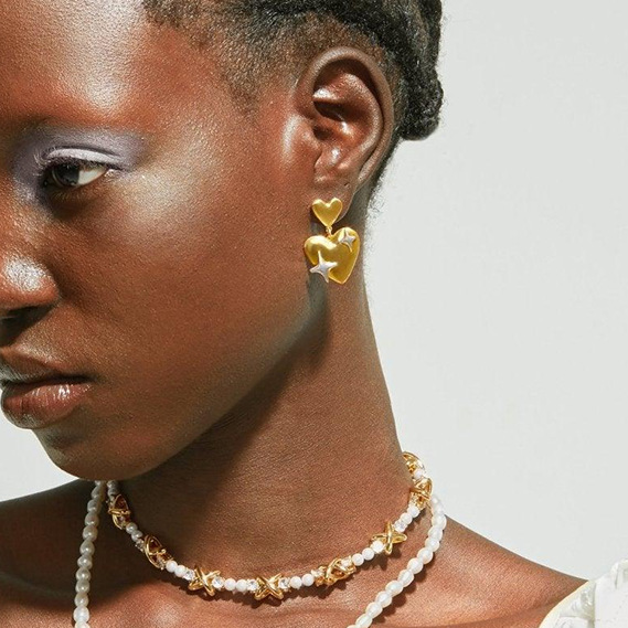 1 Paire De Boucles D'Oreilles Pendantes En Acier Inoxydable Plaqué Or Pour Femme, Style Cœur, Série Simple h5Image2