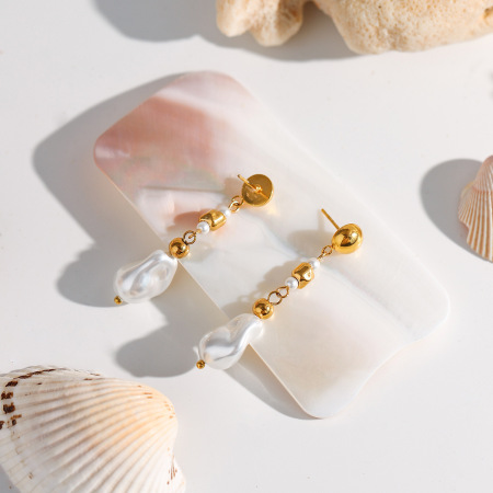 Boucles d'oreilles à perles pour femme, collection romantique, en acier inoxydable doré, imperméables, de forme irrégulière et raffinée. 2