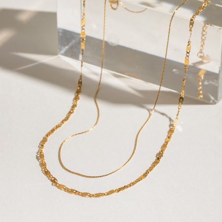 colliers superposés rétro annulaires en acier inoxydable plaqué or  pour femmes, série simple, 1 pièce 2