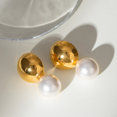 1 Paire De Boucles D'Oreilles À Tige Géométriques Élégantes En Acier Inoxydable Plaqué Or Avec Perles Artificielles Pour Femmes 2