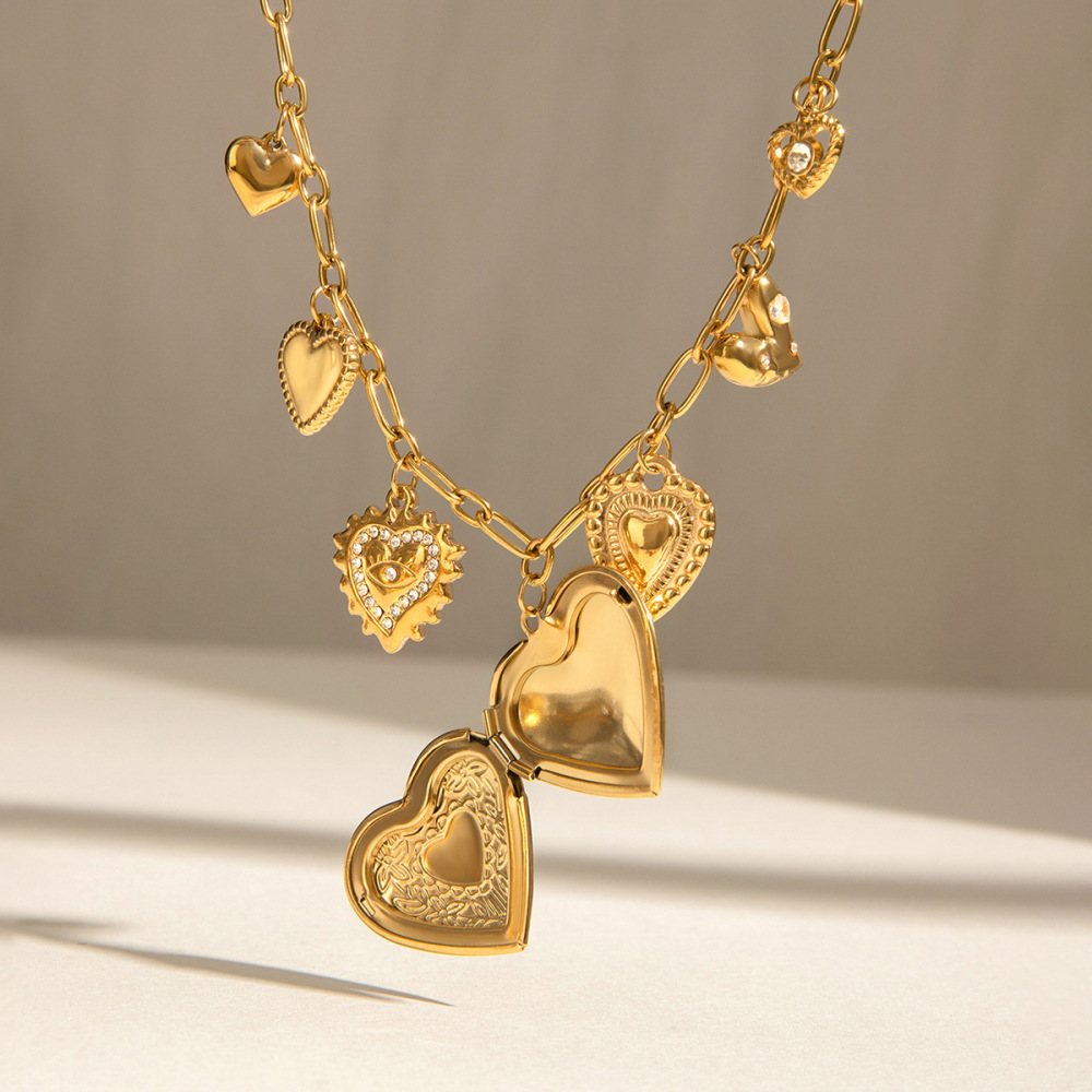Collier Pendentif Femme Diy En Forme De Cœur, 1 Pièce, Collection Classique, En Acier Inoxydable Étanche Couleur Or Image3