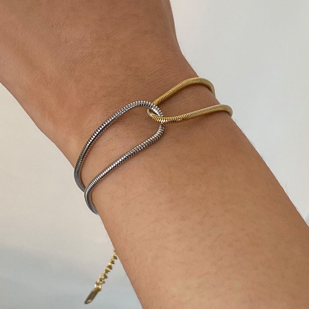 Bracelet Chaîne Rond En Acier Inoxydable Plaqué Or  Pour Femme, Série Simple, 1 Pièce Image5