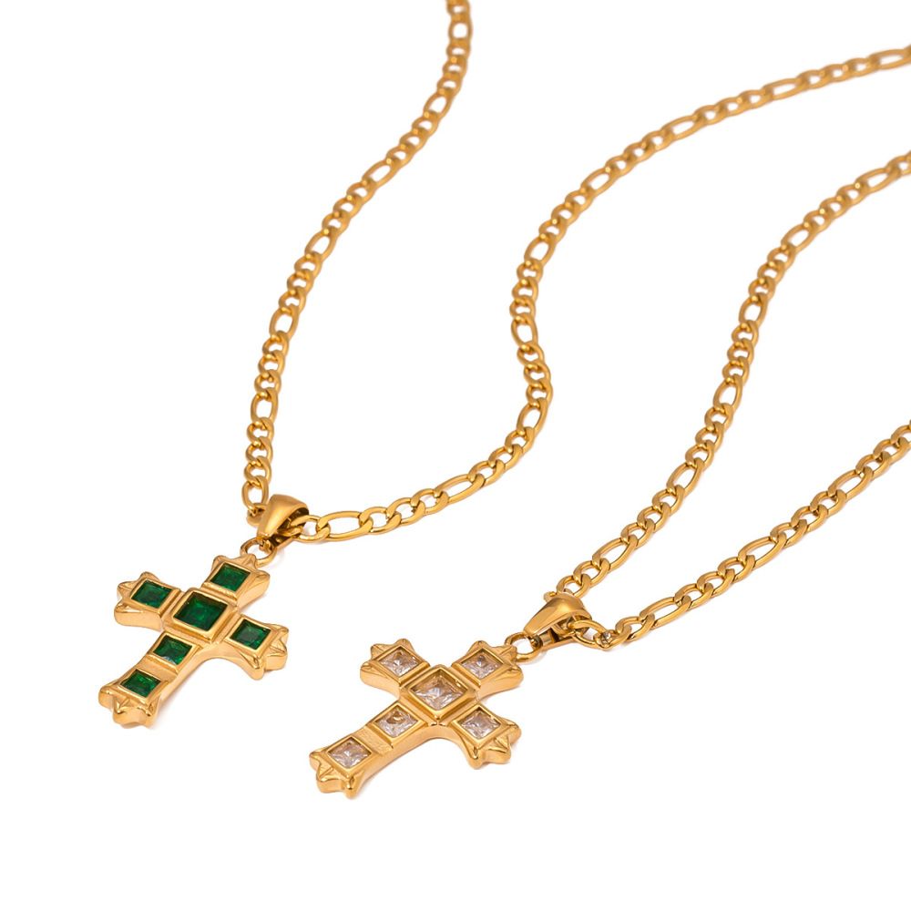 Collier Avec Pendentif Croix Classique En Acier Inoxydable Plaqué Or Et Zircon Pour Femme, Série Ethnique, 1 Pièce h5Image5