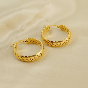 1 Paire De Boucles D'Oreilles Créoles Pour Femme En Acier Titane Plaqué Or , Série Simple, Motif À Carreaux h5 Image5