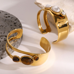 Bracelet Élégant En Acier Inoxydable Plaqué Or  Avec Perles Artificielles Pour Femme, Série Simple, 1 Pièce h5 Image4