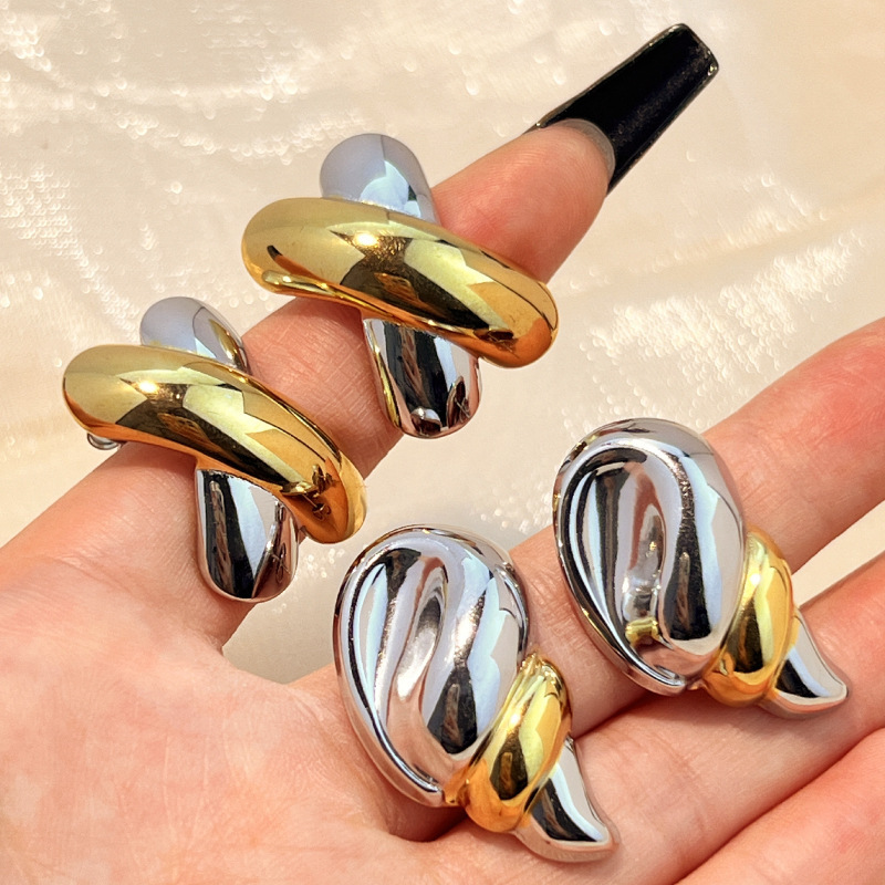 1 Paire De Boucles D'Oreilles Puces Pour Femme, Style Rétro Moderne, Forme Irrégulière, Acier Inoxydable, Étanches, Coloris Or Et Argent. h5Image3
