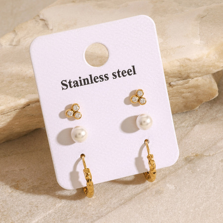1 paire de boucles d'oreilles géométriques élégantes en acier inoxydable plaqué or avec perles artificielles pour femmes 2