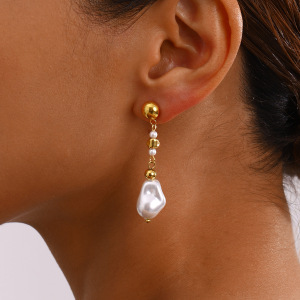 Boucles D'Oreilles À Perles Pour Femme, Collection Romantique, En Acier Inoxydable Doré, Imperméables, De Forme Irrégulière Et Raffinée. h5 Image7