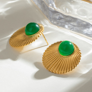 1 Paire De Boucles D'Oreilles Puces Classiques Vintage Annulaires En Acier Inoxydable Doré Étanche Avec Pierre Naturelle, Collection Luxe Pour Femmes h5 Image3