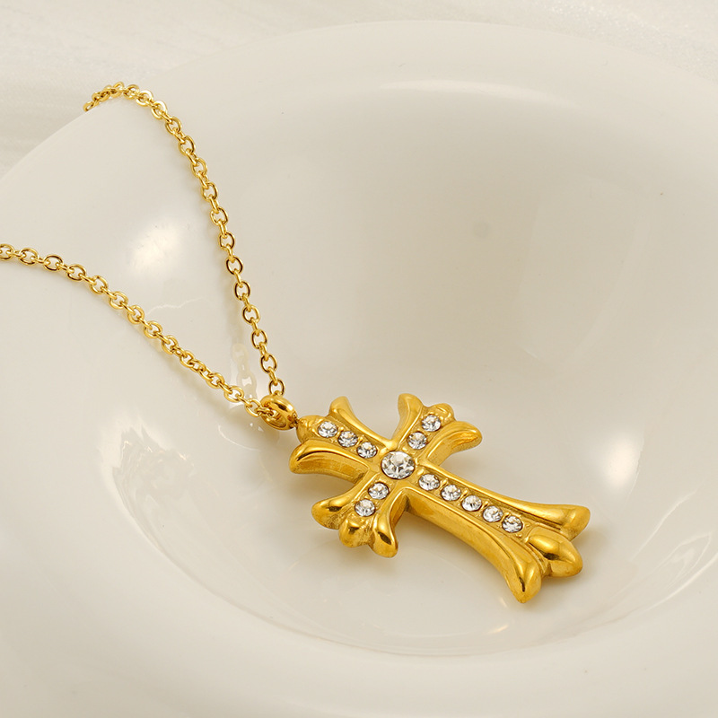 Collier Avec Pendentif Croix Simple En Acier Titane Plaqué Or Et Strass Pour Femme, Série Simple, 1 Pièce h5Image4