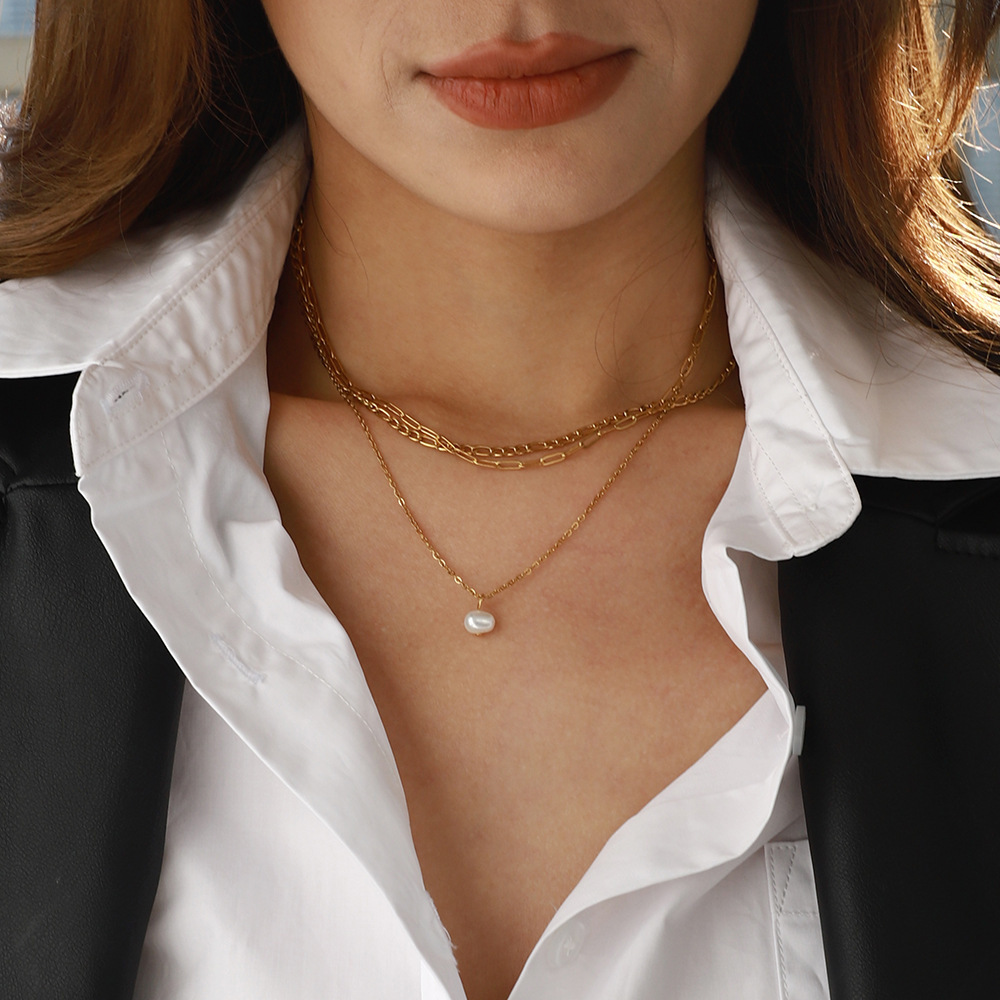 Collier À Plusieurs Rangs Pour Femme, En Acier Inoxydable Doré, Imperméable, Collection Elegant Series (1 Pièce) h5Image6
