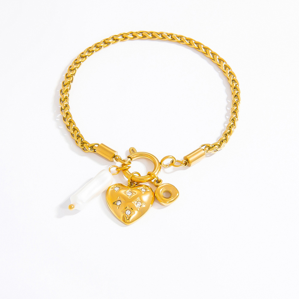 Bracelet À Breloques Élégant En Acier Inoxydable Plaqué Or  Avec Perles Artificielles Pour Femme, Série Romantique, 1 Pièce Image6