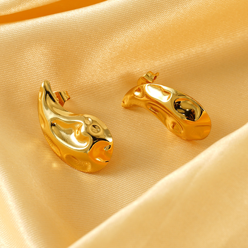1 Paire De Boucles D'Oreilles À Tige Pour Femme En Acier Inoxydable Plaqué Or , Série Simple, Forme Goutte Image3