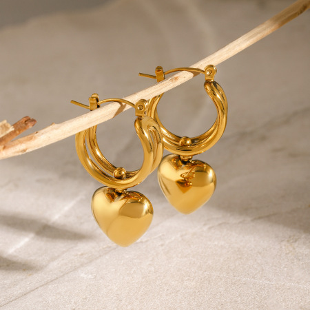 1 paire de boucles d'oreilles pendantes en acier inoxydable plaqué or  pour femme, série simple, motif cœur classique 2