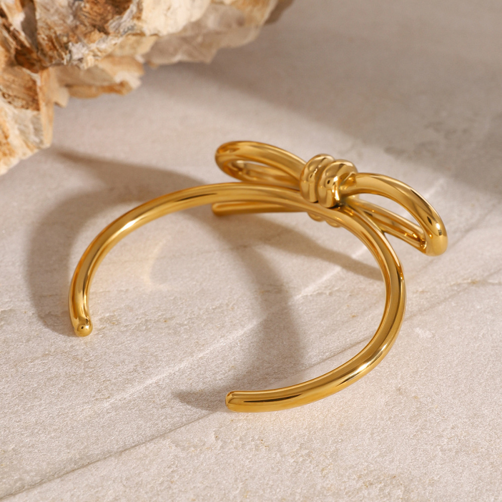 Bracelet Simple En Acier Inoxydable Plaqué Or  Pour Femme, Motif Nœud Papillon, 1 Pièce Image2
