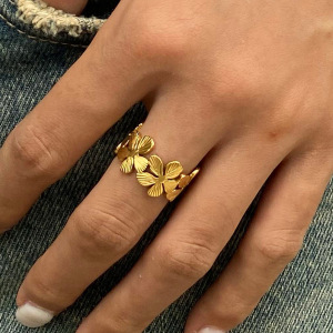 Bague Statement En Acier Inoxydable Doré, 1 Pièce, Motif Fleur Douce h5 Image3