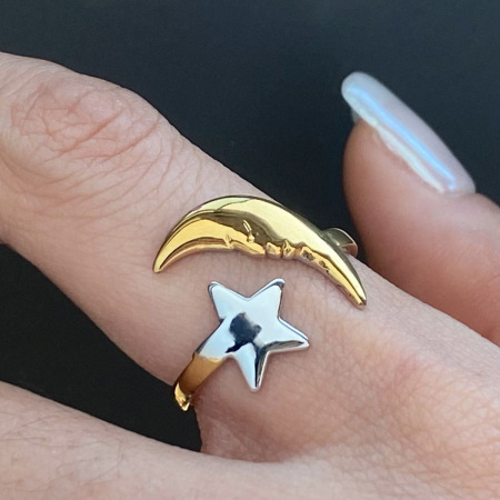 Bague ajustable pour femme, en acier inoxydable bicolore or et argent, étanche, motif étoile et lune.
