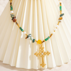 Collier De Perles Pour Femme, Série Rétro, En Acier Inoxydable, Couleur Or, Avec Croix Et Pierre Naturelle, Orné D'Un Pendentif Croix Complexe (1 Pièce) h5 Image4