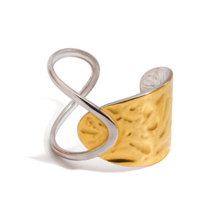 Bague Asymétrique Ajustable Pour Femme, En Acier Inoxydable Étanche, Bicolore Or Et Argent (1 Pièce). h5 Image5