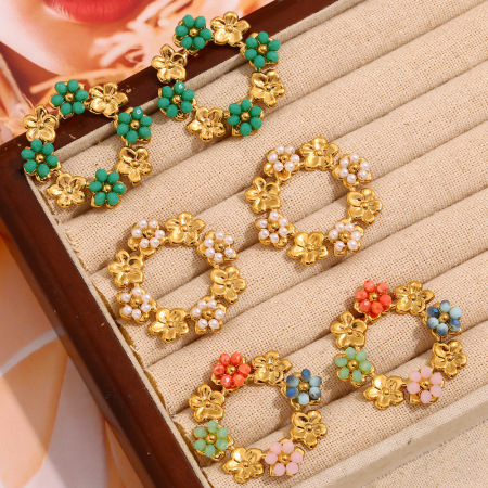 Boucles d'oreilles pour femmes en acier inoxydable étanches avec motif floral coloré et délicat 2
