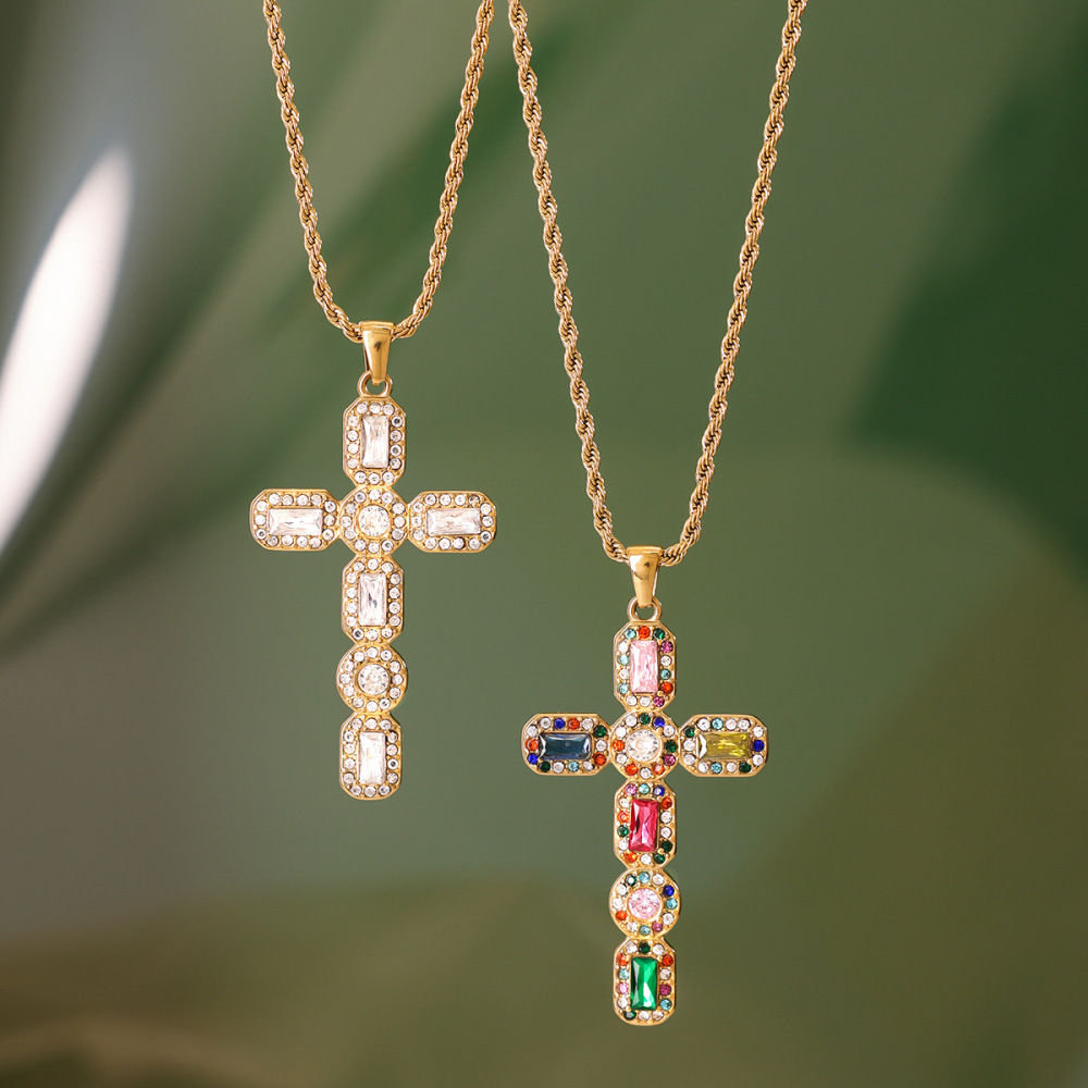 Collier Pendentif Femme Rétro En Forme De Croix, En Acier Inoxydable Étanche, Couleur Or (1 Pièce) Image3
