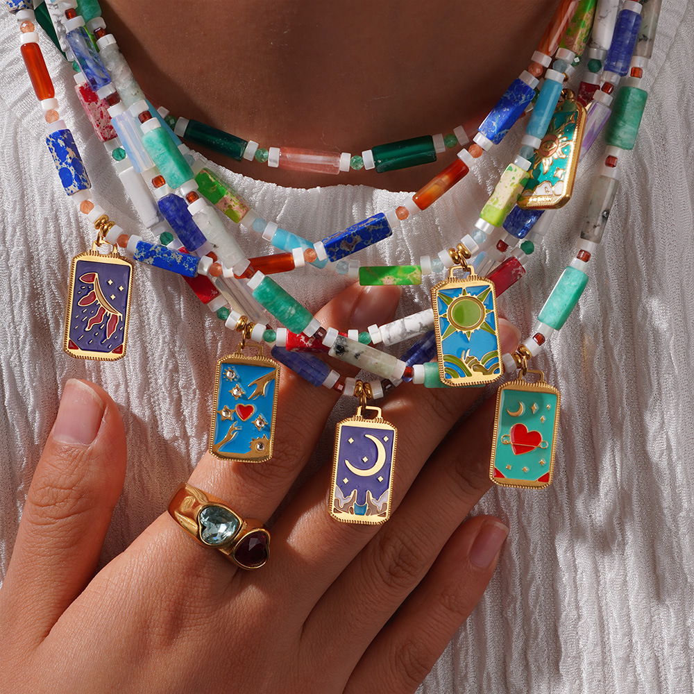 Collier Pendentif Pour Femme, Collection Ethnique Bohème, Lune Et Tarot, En Acier Inoxydable Étanche Couleur Or Avec Pierre Naturelle (1 Pièce) Image4