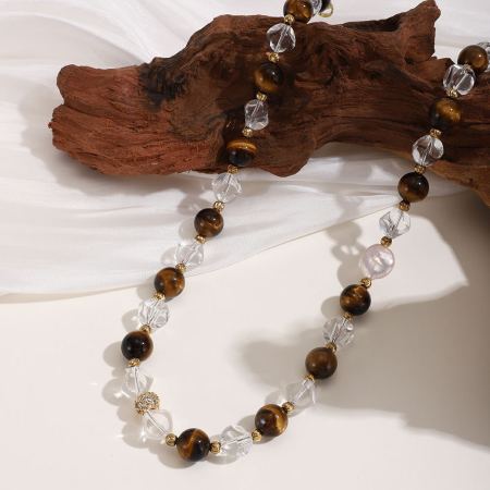 Colliers de perles rétro en acier inoxydable et pierre naturelle, couleur or, pour femmes 2