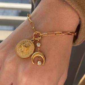 Bracelets À Breloques Rétro Soleil/Lune En Acier Inoxydable Étanche Couleur Or Pour Femmes h5 Image9