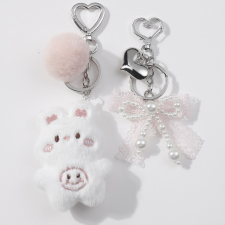 1 breloque pour sac en forme de cœur avec nœud et lapin en peluche blanche mignonne 2