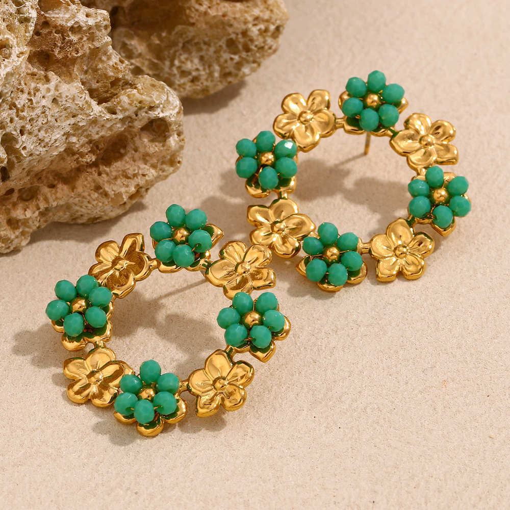 Boucles D'Oreilles Pour Femmes En Acier Inoxydable Étanches Avec Motif Floral Coloré Et Délicat Image4
