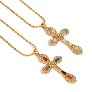 Collier Pendentif Femme Rétro En Forme De Croix, En Acier Inoxydable Étanche, Couleur Or (1 Pièce) h5 Image5
