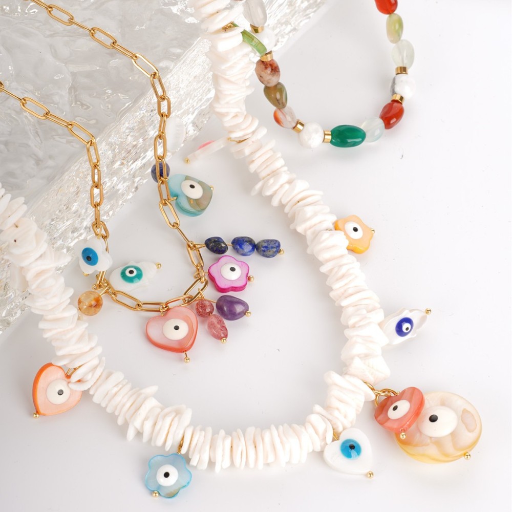 Collier De Perles Aléatoires Pour Femme, Collection Délicate, Motif Œil De Vacances, Coquillage Naturel, Acier Inoxydable, Étanche, Couleur Or. Image4