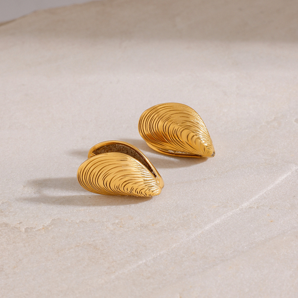 Boucles D'Oreilles Puces En Acier Inoxydable Étanche Couleur Or, Forme Coquillage Image5