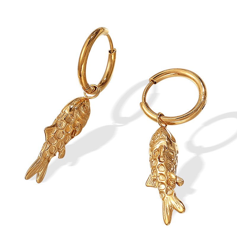 Boucles D'Oreilles Pendantes Rétro En Acier Inoxydable, Couleur Or, Étanches, Motif Poisson Image5