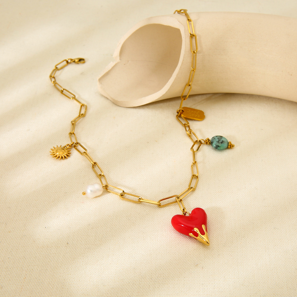 Colliers Pendentifs Rétro En Forme De Cœur, En Acier Inoxydable Étanche, Couleur Or, Pour Femmes Image3
