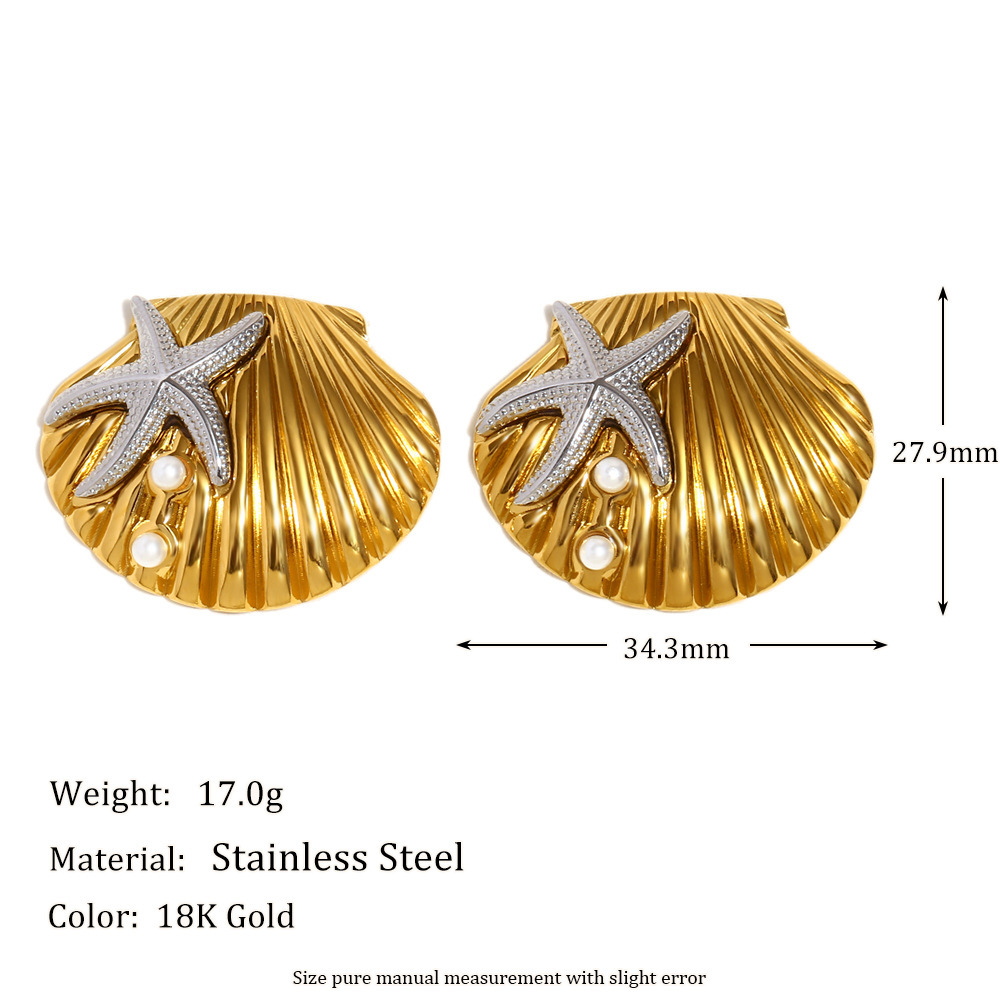 Boucles D'Oreilles Clous Étanches En Acier Inoxydable Et Coquillage Doré, Collection Océan (1 Pièce) Image6