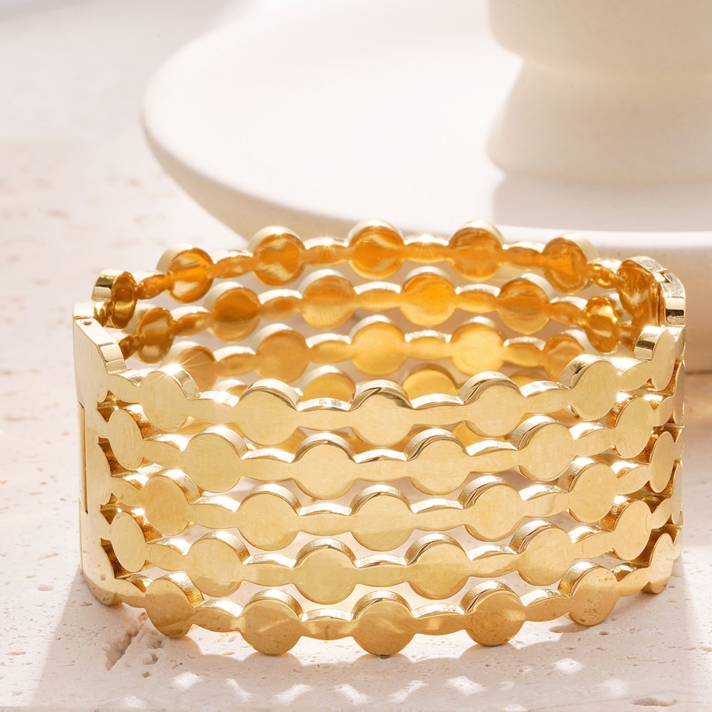 Bracelet Jonc Moderne Élégant À Motif Annulaire Patchwork En Acier Inoxydable Imperméable Couleur Or (1 Pièce) h5Image5