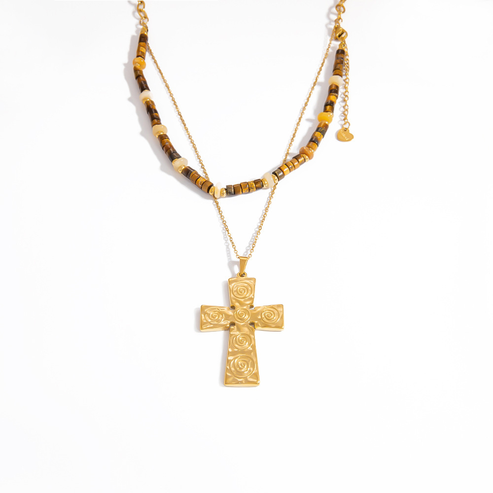 Collier De Perles Pour Femme, Série Rétro, En Acier Inoxydable, Couleur Or, Avec Croix Et Pierre Naturelle, Orné D'Un Pendentif Croix Complexe (1 Pièce) Image8
