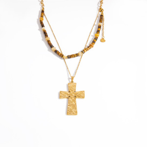 Collier De Perles Pour Femme, Série Rétro, En Acier Inoxydable, Couleur Or, Avec Croix Et Pierre Naturelle, Orné D'Un Pendentif Croix Complexe (1 Pièce) h5 Image8