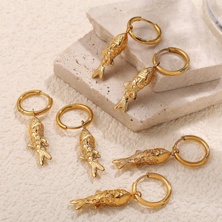 Boucles d'oreilles pendantes rétro en acier inoxydable, couleur or, étanches, motif poisson 2