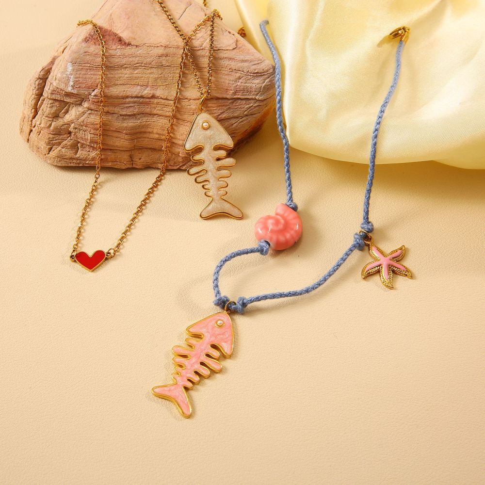 Colliers Pendentifs Pour Femmes En Corde De Coton À Motif Arête De Poisson, Acier Inoxydable, Couleur Or, Étanches Image4