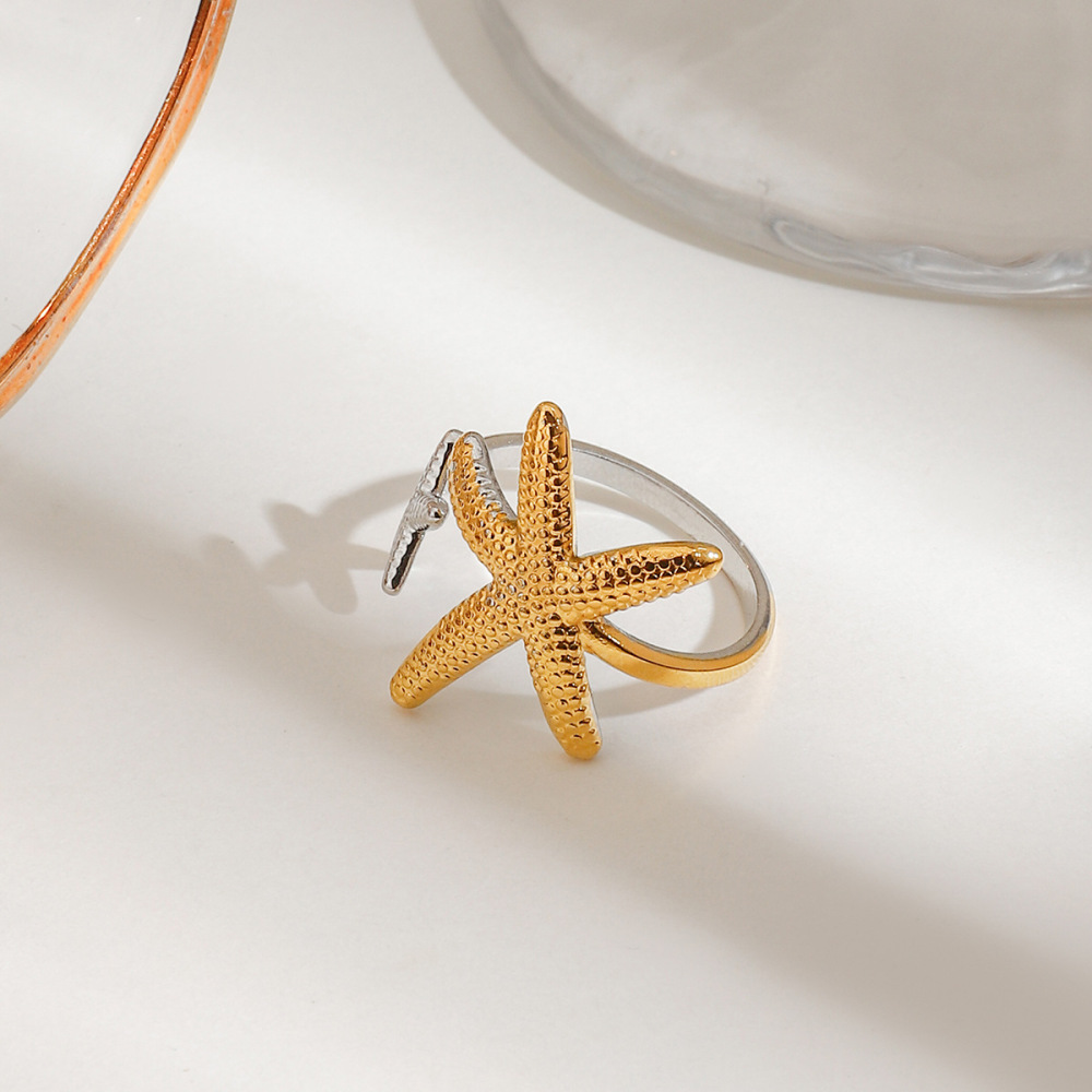 Bague Ajustable Pour Femme, En Acier Inoxydable, Couleur Or, Motif Tortue Naturelle (1 Pièce), Étanche. Image4