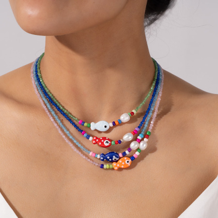 Colliers à pendentif en pierre naturelle et céramique, motif poisson fantaisiste, pour femme