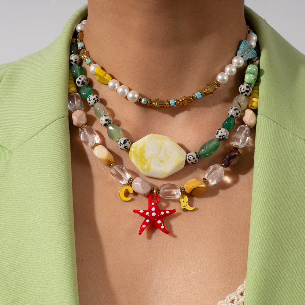 Collier De Perles Pour Femme, Style Tropical, Motif Étoiles De Mer Colorées, En Acier Inoxydable, Couleur Or, Étanche (1 Pièce) h5Image3