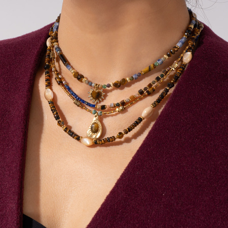 Collier de perles pour femme, style bohème classique, en acier inoxydable imperméable, orné de pierres naturelles œil-de-tigre (1 pièce) 2