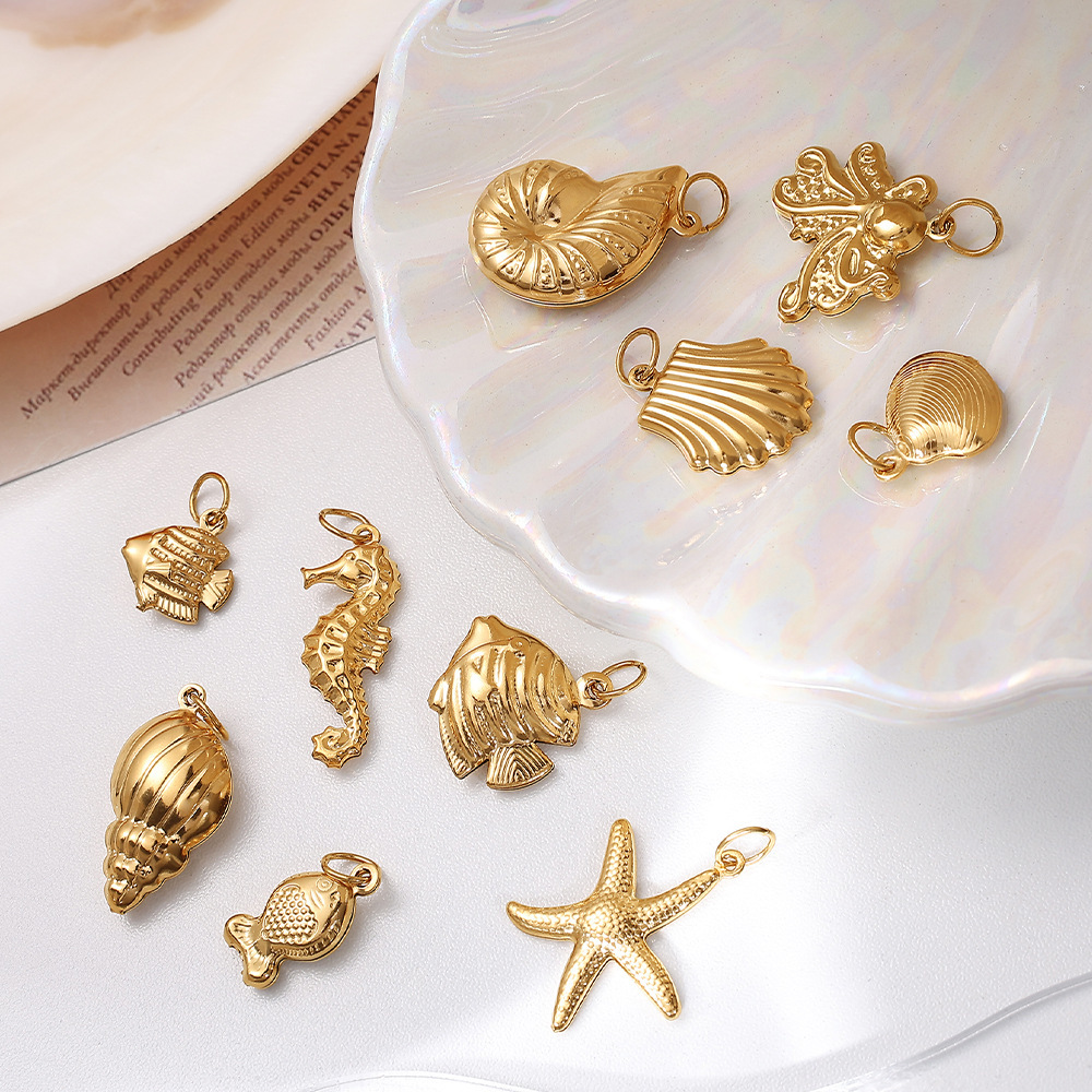 Pendentifs Creux Pour Femmes En Acier Titane Couleur Or, Motif Organisme Marin Image2