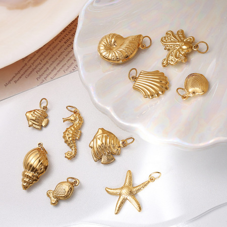 Pendentifs creux pour femmes en acier titane couleur or, motif organisme marin 2